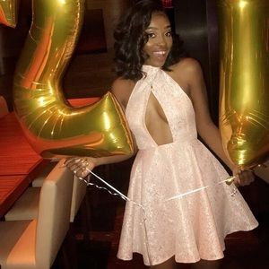 Plunge V, halter neck, backless fit and flare custom dress